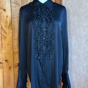 Elie Tahari Black silk Ruffle Front Button-Down Blouse